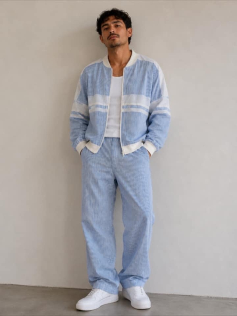 Vintage Christian Dior Monsieur Seersucker Tracksuit Blue/White Pinstripe Large